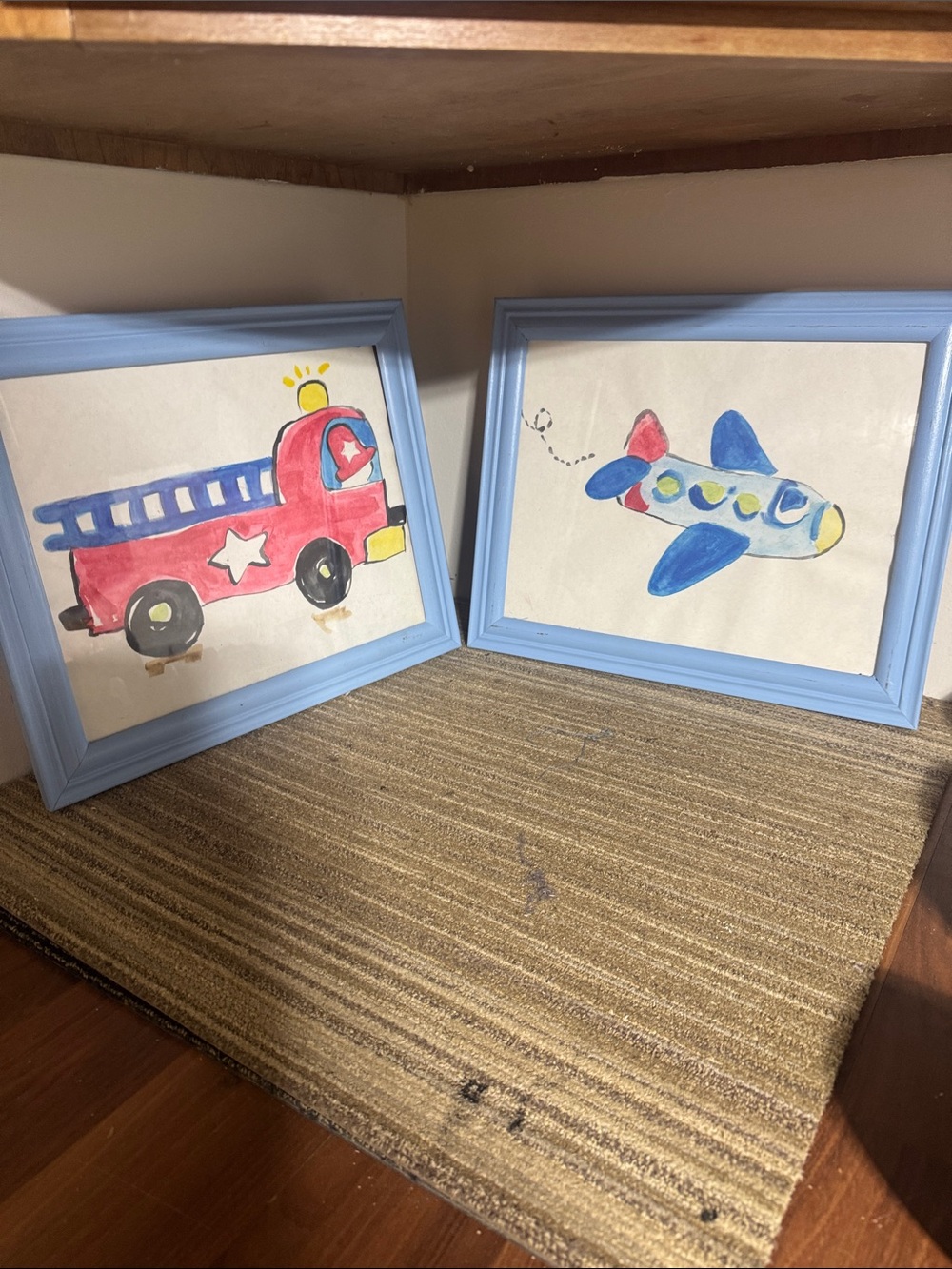 Kids Toy Wall Art Prints - Red Fire Truck & Blue Airplane
